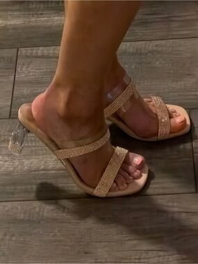 Custom Made Rhinestone Double-Strap Heeled Sandals in Champagne Gold